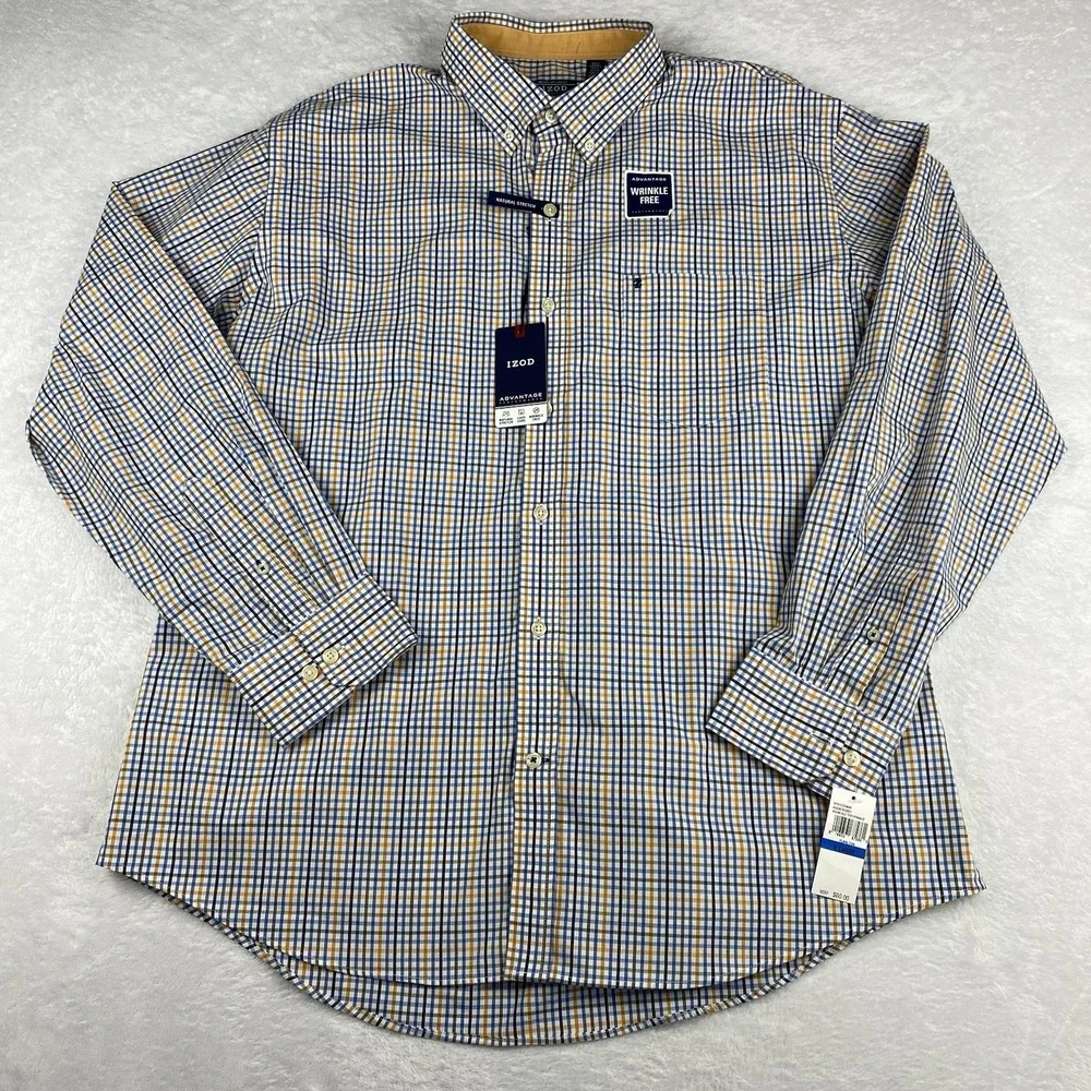 IZOD Advantage Shirt Mens XL Blue/Gold Checks Regular Fit Wrinkle Free NWT!